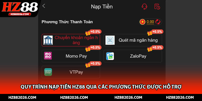 Quy trình nạp tiền HZ88 qua các phương thức được hỗ trợ